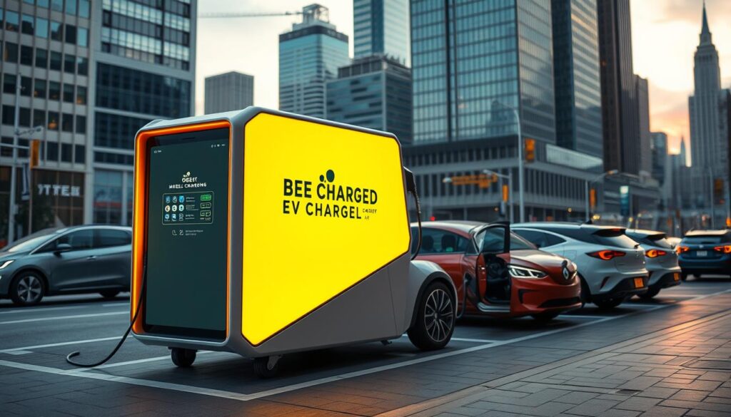 A sleek, futuristic mobile EV charging station stands prominently in the foreground, its distinctive "BEE CHARGED EV MOBILE CHARGING" branding catching the eye. The unit's angular design and vibrant color scheme create a striking visual contrast against the urban backdrop of city streets and skyscrapers. Subtle ambient lighting bathes the scene in a warm, inviting glow, highlighting the station's intuitive interface and user-friendly charging ports. In the middle ground, electric vehicles of various makes and models are seamlessly integrated, their owners effortlessly powering up their rides. The overall composition conveys a sense of innovation, efficiency, and the seamless integration of sustainable mobility solutions within the fabric of the modern city.