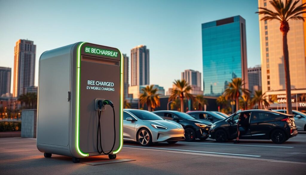 A sleek, futuristic mobile EV charging station stands prominently in the foreground, its "BEE CHARGED EV MOBILE CHARGING" branding gleaming under warm, diffused lighting. In the middle ground, a fleet of electric vehicles of various makes and models are being recharged, their drivers chatting nearby. The background depicts a vibrant urban landscape, with skyscrapers and palm trees framing the scene, conveying the thriving, modern atmosphere of Tampa, FL. The composition emphasizes the convenience and accessibility of on-demand mobile EV charging, catering to the growing need for efficient, eco-friendly transportation solutions in the city.