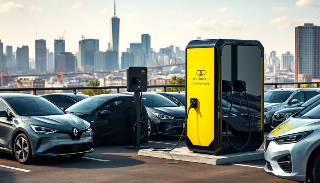 A sleek, futuristic mobile EV charging station stands prominently in the foreground, its glossy black and yellow BEE CHARGED EV MOBILE CHARGING branding gleaming under crisp, directional lighting. In the middle ground, a fleet of electric vehicles of various makes and models are parked, their charging ports connected to the mobile unit via flexible cables. The background depicts a bustling urban landscape, with skyscrapers and city infrastructure fading into the distance. The overall scene conveys a sense of efficiency, convenience, and the seamless integration of on-demand EV charging solutions into the modern, sustainable cityscape.
