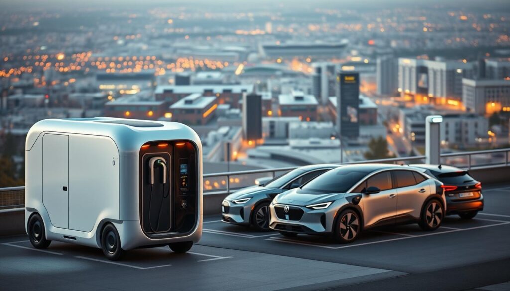 A sleek, futuristic mobile charging station for a fleet of electric vehicles, the "BEE CHARGED EV MOBILE CHARGING" unit stands ready to power up the next generation of sustainable transportation. In the foreground, the compact, modular design features smooth, aerodynamic lines and a vibrant, bee-inspired color scheme. The middle ground showcases a fleet of EVs docked and charging, their batteries replenished by the powerful, energy-efficient charging system. In the background, a panoramic view of a bustling urban landscape, where the mobile charging unit blends seamlessly into the high-tech, eco-conscious cityscape. Soft, diffused lighting casts a warm, inviting glow, while the composition emphasizes the convenience and versatility of this cutting-edge mobile charging solution.