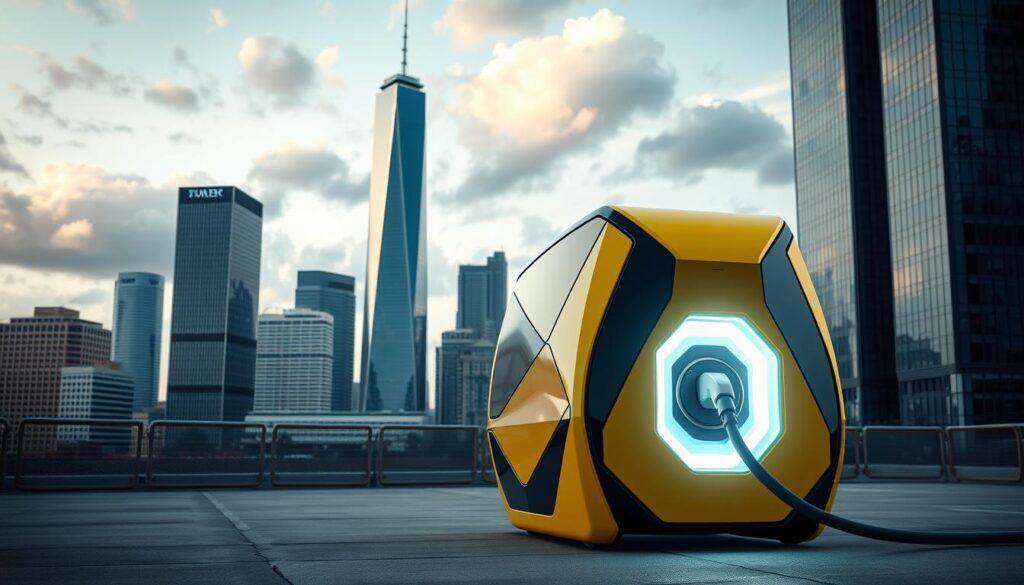 A sleek, futuristic mobile charging station for electric vehicles, the "BEE CHARGED EV MOBILE CHARGING" unit stands ready to provide emergency power. In the foreground, the compact, bee-inspired design features bold, angular lines and a vibrant yellow and black color scheme. The middle ground showcases the charging port, illuminated by a soft, ambient glow, inviting drivers to plug in. In the background, a cityscape with modern skyscrapers and a cloud-dotted sky sets the scene, emphasizing the unit's urban, on-demand functionality. Crisp lighting from multiple angles highlights the sleek, aerodynamic form, conveying a sense of technological sophistication and reliability. This image captures the essence of an innovative, readily available solution for EV owners facing unexpected power needs.