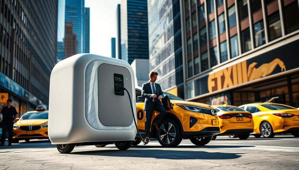 A sleek, futuristic mobile charging unit, the "BEE CHARGED EV MOBILE CHARGING" service, hovers in the foreground. Its glossy white exterior and vibrant yellow accents catch the eye, evoking a sense of cutting-edge technology. In the middle ground, a well-dressed urban professional steps out of their electric vehicle, seamlessly connecting the charging cable to the unit's intuitive interface. The background showcases the bustling streets of Manhattan, with towering skyscrapers and yellow cabs, creating a dynamic, city-centric atmosphere. The lighting is crisp and directional, casting dramatic shadows that add depth and drama to the scene. An aura of convenience and on-demand accessibility permeates the image, inviting the viewer to imagine the effortless experience of powering up their electric vehicle in the heart of the city.