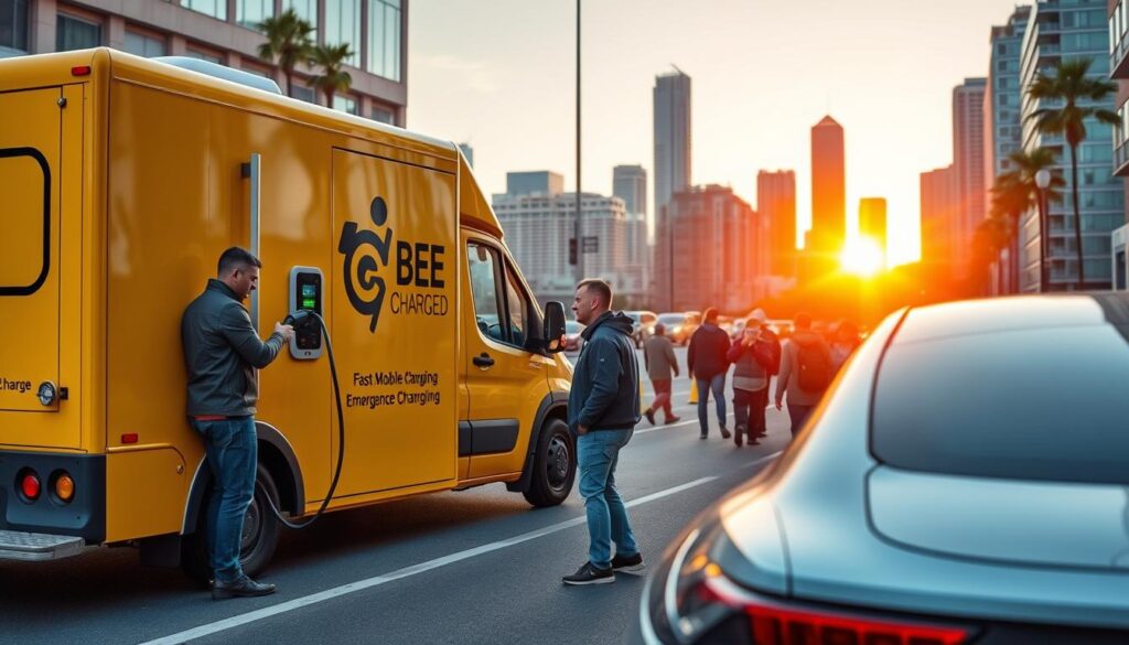 A sleek, high-tech BEE CHARGED EV MOBILE CHARGING truck parked on a busy city street, its vibrant yellow exterior catching the eye. In the foreground, an anxious EV driver connects their vehicle to the truck's fast-charging station, the glow of the display panel illuminating their face. In the middle ground, passersby stop to observe the scene, their expressions a mix of curiosity and relief. The background features the iconic skyline of San Diego, bathed in the warm glow of the setting sun, creating a sense of urgency and the need for reliable emergency charging solutions.