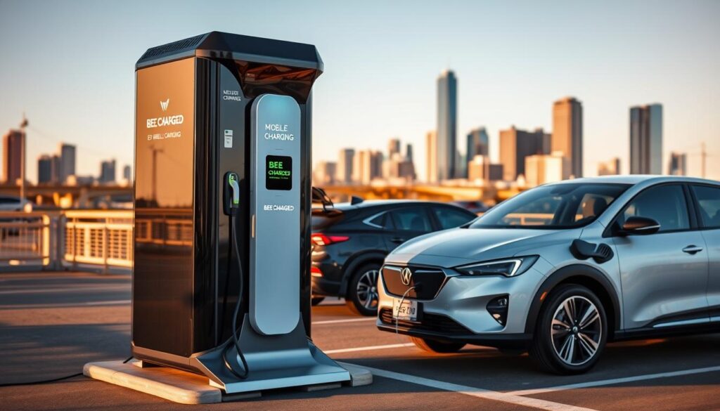 A sleek, high-tech mobile EV charging station stands prominently in the foreground, its distinctive "BEE CHARGED EV MOBILE CHARGING" branding visible. In the middle ground, various electric vehicles are being recharged, their charging ports connected to the mobile unit. The background features a urban cityscape, with skyscrapers and infrastructure suggesting a bustling metropolitan area. The scene is illuminated by warm, natural lighting, conveying a sense of efficiency and innovation in the field of on-demand electric vehicle charging solutions.