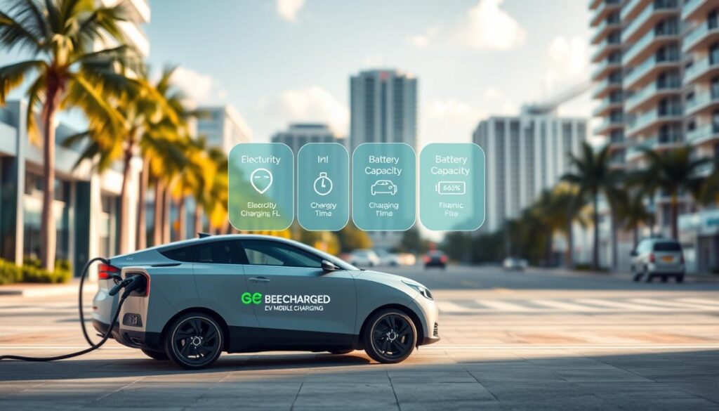 A sleek, high-tech mobile EV charging station, the "BEE CHARGED EV MOBILE CHARGING" unit, sits prominently in the foreground. In the middle ground, various factors influencing charging costs are depicted, such as electricity rates, charging time, and battery capacity. The background features a vibrant cityscape of Miami, FL, with palm trees and modern architecture, hinting at the urban context. The lighting is crisp and directional, highlighting the key elements. The overall composition conveys a sense of technical innovation and the importance of understanding the variables that impact mobile EV charging costs in this dynamic metropolitan setting.