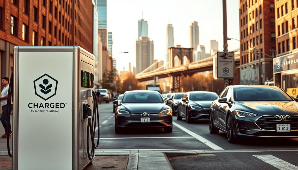 A sleek, high-tech mobile charging unit emblazoned with the "BEE CHARGED EV MOBILE CHARGING" brand logo stands prominently in the foreground. The unit is equipped with multiple charging ports and a retractable cable system, ready to provide emergency power to stranded electric vehicles. In the middle ground, a fleet of modern electric cars await their turn, their drivers anxiously observing the charging process. The background features the bustling streets of Brooklyn, New York, with skyscrapers and infrastructure suggesting an urban setting primed for innovative EV solutions. Warm, golden lighting bathes the scene, conveying a sense of reliability and urgency in addressing the critical need for on-the-go EV charging services.