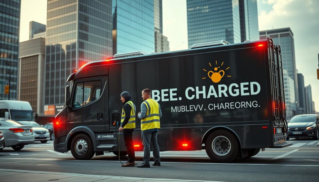 A sleek, mobile EV charging truck prominently displays the "BEE CHARGED EV MOBILE CHARGING" logo. The truck is parked on a city street, its emergency lights flashing, ready to provide on-demand charging services to stranded EV drivers. In the foreground, a concerned driver stands beside their electric vehicle, while a technician in a high-visibility vest connects the charging cable. The background showcases a bustling urban landscape, with modern skyscrapers and passing traffic, creating a sense of urgency and the need for this essential mobile charging service. Dramatic lighting casts long shadows, emphasizing the technical details of the charging process and the truck's impressive size and capabilities.