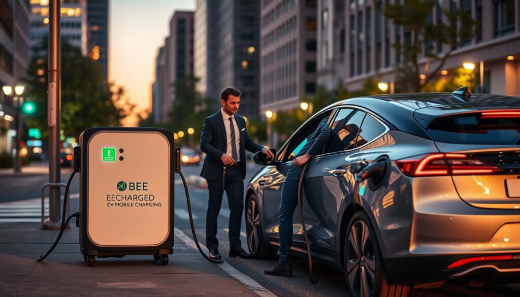 A sleek mobile EV charging unit branded "BEE CHARGED EV MOBILE CHARGING" is positioned prominently in the foreground, showcasing its modern design with vibrant colors. The charging cable extends towards a parked electric vehicle, illustrating the convenience of mobile charging. In the middle ground, a friendly technician in professional business attire is assisting a driver, emphasizing the service aspect of emergency roadside support. The background captures a cityscape during early evening, with soft, warm lighting illuminating the scene, creating an inviting atmosphere. A few trees lining the street add a touch of nature, while visible charging icons in the sky symbolize technological advancement. The overall mood conveys efficiency and reliability in EV charging solutions.