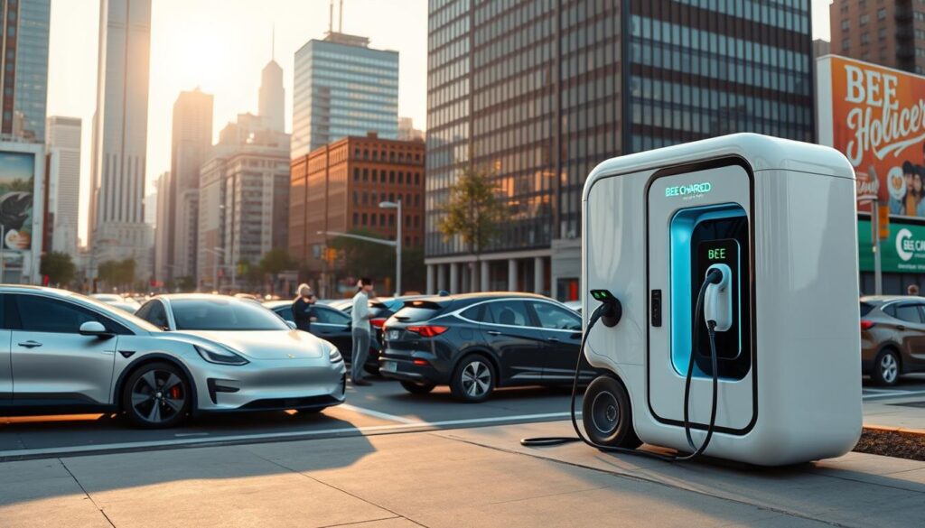 A sleek, modern BEE CHARGED EV MOBILE CHARGING station sits prominently in the foreground, its glossy white exterior and futuristic design drawing the eye. In the middle ground, a group of electric vehicles of various makes and models are parked, their owners eagerly connecting to the mobile charging unit. The background depicts a vibrant urban landscape, complete with towering skyscrapers, bustling streets, and a clear, sunlit sky, conveying a sense of convenience and accessibility for eco-conscious drivers. Soft, diffused lighting bathes the scene, creating a warm, inviting atmosphere that highlights the seamless integration of electric vehicle charging into the modern city.