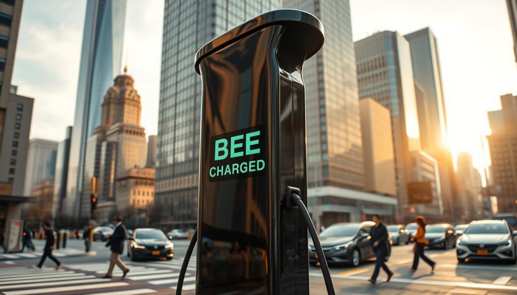 A sleek, modern BEE CHARGED EV MOBILE CHARGING station stands prominently in the foreground, its glossy black exterior reflecting the urban landscape around it. The mid-ground features a bustling city street, with pedestrians and vehicles moving about, creating a sense of energy and activity. In the background, the towering skyscrapers of Manhattan's skyline rise up, bathed in a warm, golden light that casts long shadows across the scene. The entire composition is captured with a cinematic wide-angle lens, giving the viewer a sense of scale and immersion. The overall mood is one of technological innovation, efficiency, and progress, perfectly capturing the essence of the "Technology Behind Bee Charged Mobile Charging" section of the article.