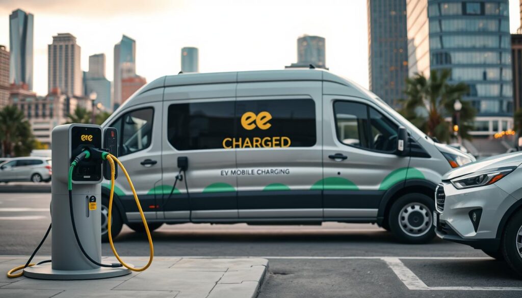 A sleek, modern "BEE CHARGED EV MOBILE CHARGING" van parked in a well-lit urban setting, showcasing the convenience and flexibility of on-demand mobile EV charging. The foreground features the van's charging port extended, with colorful charging cables connecting to a nearby electric vehicle. The middle ground depicts the van's branding and design, highlighting its eco-friendly and technologically advanced nature. The background showcases a bustling city skyline, emphasizing the accessibility and integration of this mobile charging solution within the urban landscape. The overall mood is one of efficiency, innovation, and the seamless integration of electric vehicle technology into everyday life.