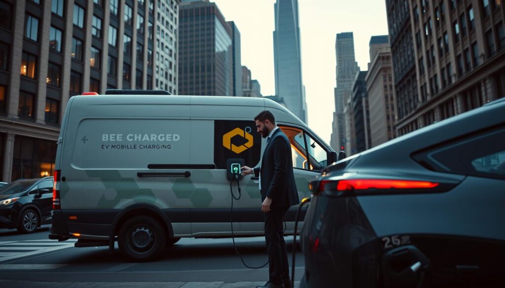 A sleek, modern BEE CHARGED EV MOBILE CHARGING van parked on a bustling Manhattan street. The vehicle's vibrant branding catches the eye, inviting passersby to take advantage of its emergency charging services. In the foreground, a well-dressed individual plugs their electric vehicle into the van's discreet charging port, their face lit by the warm glow of the display. The middle ground showcases the van's streamlined design, with its distinctive honeycomb pattern and futuristic silhouette. In the background, the iconic skyscrapers of Manhattan rise, casting dramatic shadows and creating a sense of urban energy. The scene is illuminated by soft, diffused lighting, giving it a sophisticated, professional atmosphere.