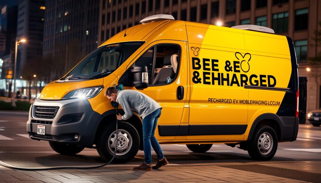A sleek, modern BEE CHARGED EV MOBILE CHARGING van parked on a city street, its vibrant yellow and black logo shining brightly. In the foreground, an anxious driver leans over the open charging port of their electric vehicle, desperately seeking a connection. The scene is illuminated by the warm glow of the van's headlights and the city lights in the background, creating a sense of urgency and the need for reliable emergency charging solutions. The composition emphasizes the contrast between the stationary van and the driver's sense of urgency, drawing the viewer's attention to the crucial role of mobile EV charging services in keeping electric vehicles on the road.