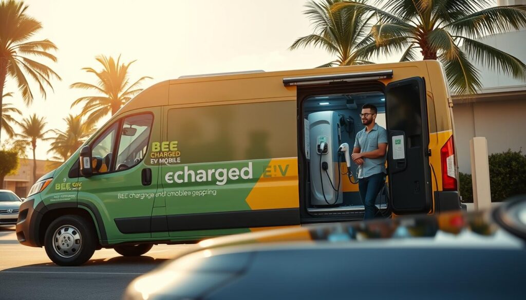 A sleek, modern BEE CHARGED EV MOBILE CHARGING van parked on a sunny Miami street, its vibrant branding catching the eye. In the foreground, an electric vehicle is plugged into the charger, its driver standing nearby, expression one of satisfaction as the process unfolds. The middle ground reveals the van's state-of-the-art charging equipment, gleaming in the warm light. In the background, palm trees sway gently, setting the scene for this innovative mobile charging solution serving the South Florida EV community. Crisp, high-resolution, cinematic lighting and lens, creating a visually compelling and informative illustration of the mobile EV charging process.
