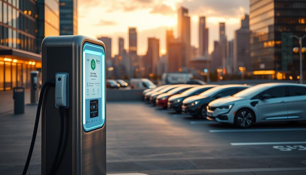 A sleek, modern Level 2 EV charging station operated by the BEE CHARGED EV MOBILE CHARGING service. The station stands prominently in the foreground, its brushed metal frame and illuminated display panel catching the eye. In the middle ground, a fleet of electric vehicles are lined up, their charging ports connected to the station. The background features a bustling urban landscape, with skyscrapers and city lights creating a vibrant, energetic atmosphere. The scene is bathed in a warm, golden glow, conveying a sense of efficiency and innovation in the world of mobile EV charging.