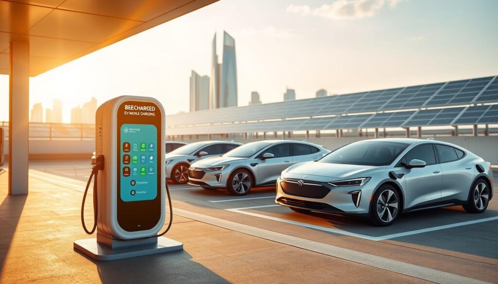 A sleek, modern charging hub for electric vehicles, featuring the "BEE CHARGED EV MOBILE CHARGING" brand. In the foreground, a futuristic charging station with multiple ports and intuitive touchscreen controls. The middle ground showcases a fleet of electric cars seamlessly integrating with the charging solution, highlighting its efficiency and convenience. In the background, a clean, minimalist urban landscape with skyscrapers and solar panels, conveying a sense of sustainable, intelligent energy management. The scene is bathed in a warm, golden light, creating a welcoming and innovative atmosphere.