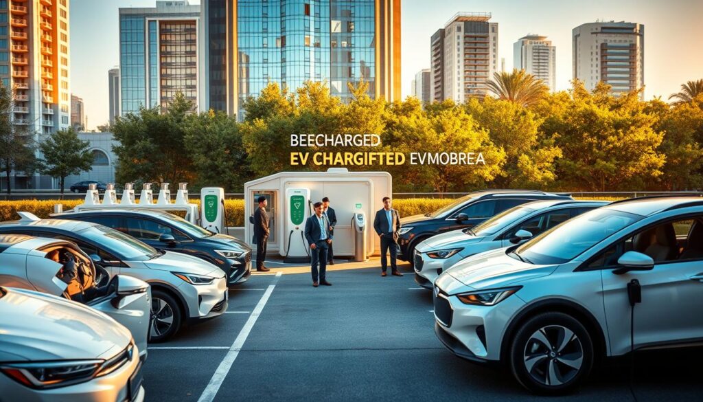A sleek, modern electric vehicle (EV) fleet service station, featuring the "BEE CHARGED EV MOBILE CHARGING" brand. The scene depicts a well-equipped, mobile charging setup, with multiple charging ports and a stylish, minimalist design. The foreground showcases a fleet of diverse EVs, from compact sedans to larger utility vehicles, all connected to the charging stations. The middle ground features a team of technicians and fleet managers, overseeing the efficient operation. In the background, a modern, urban landscape with tall buildings and lush greenery creates a vibrant, professional atmosphere. The lighting is warm and inviting, creating a sense of reliability and convenience for the on-site EV charging service.