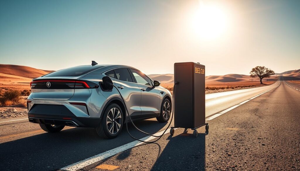 A sleek, modern electric vehicle (EV) parked on a deserted highway shoulder, its charging port open as the "BEE CHARGED EV MOBILE CHARGING" unit deploys its retractable cord to provide an emergency power boost. Bright sunlight illuminates the scene, casting dramatic shadows as the sturdy, compact charging station unfurls, ready to rescue stranded EV drivers. In the distance, a lone tree and rolling hills create a serene, countryside backdrop, emphasizing the portable solution's ability to deliver power anywhere. The overall mood is one of reliability, convenience, and a glimpse into the future of sustainable, on-the-go EV charging.