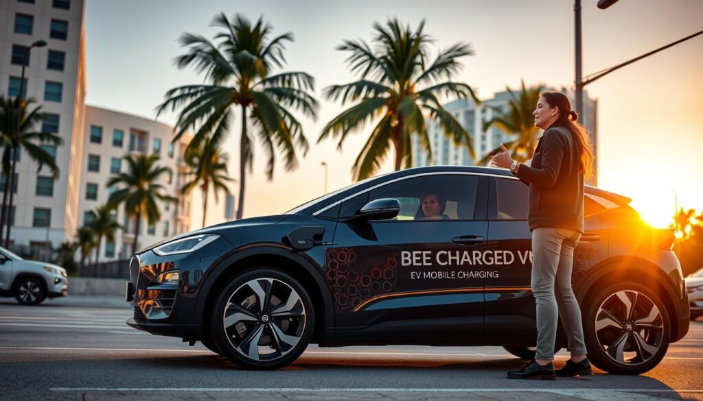 A sleek, modern electric vehicle (EV) with the "BEE CHARGED EV MOBILE CHARGING" logo prominently displayed on the side, parked on a city street in Miami. The sun is setting, casting a warm, golden glow over the scene. In the foreground, a stranded EV driver is gesturing towards the "BEE CHARGED EV MOBILE CHARGING" vehicle, relief and gratitude evident on their face. The background features the iconic architecture and palm trees of Miami, suggesting a sense of urgency and the need for reliable roadside assistance. The image conveys a sense of security, trust, and the reliable service offered by "BEE CHARGED EV MOBILE CHARGING" to EV drivers in need.