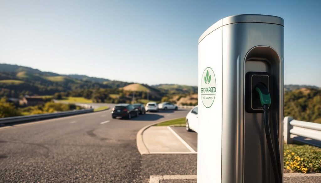A sleek, modern electric vehicle charging station in the foreground, with a large "BEE CHARGED EV MOBILE CHARGING" logo prominently displayed. In the middle ground, a well-maintained roadside service area with a variety of cars, both electric and gasoline-powered, being charged. The background features the iconic scenery of New Jersey, with rolling hills, lush greenery, and a clear, blue sky. The lighting is bright and natural, creating a welcoming and functional atmosphere. The camera angle is slightly elevated, giving a sense of scale and showcasing the convenience and accessibility of the mobile charging service.