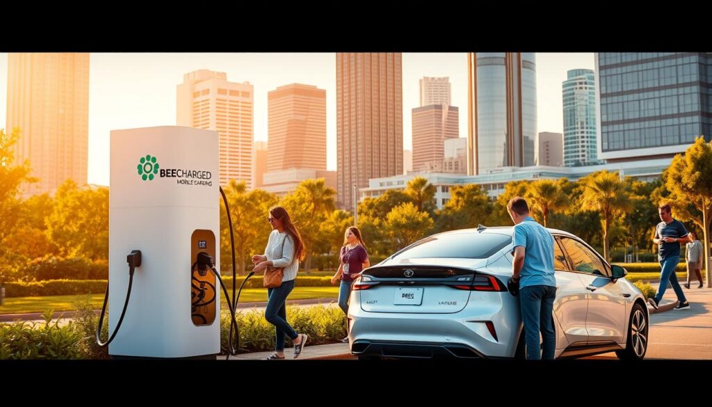 A sleek, modern electric vehicle charging station nestled amidst a vibrant cityscape. The "BEE CHARGED EV MOBILE CHARGING" brand prominently displayed, its bold design catching the eye. In the foreground, a family effortlessly plugs in their car, basking in the convenience of on-demand power. The middle ground features lush greenery and pedestrians strolling by, while the background showcases the towering skyscrapers of Silicon Valley. Warm, diffused lighting casts a welcoming glow, highlighting the seamless integration of cutting-edge technology and urban living. This image captures the essence of mobile EV charging, a game-changer for residents seeking the ultimate in accessibility and efficiency.