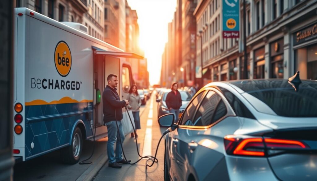 A sleek, modern electric vehicle charging station nestled in the bustling streets of San Francisco. The BEE CHARGED EV MOBILE CHARGING service truck is parked, its vibrant branding catching the eye. Skilled technicians expertly connect the charging cable to a waiting electric car, providing on-demand power to keep the city's eco-friendly vehicles running. The scene is bathed in warm, golden light, conveying a sense of efficiency and convenience. The background blurs, focusing attention on the central action, as passersby observe the seamless charging process. This image captures the essence of the article's subject - a reliable, mobile EV charging solution that empowers drivers to charge their vehicles wherever they need, whenever they need it.