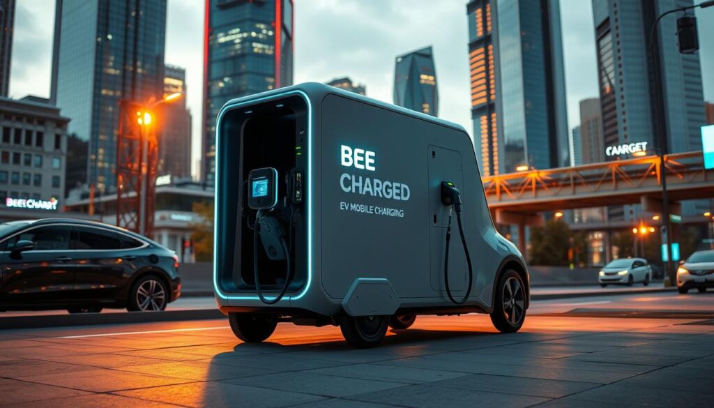 A sleek, modern electric vehicle charging station on wheels, the "BEE CHARGED EV MOBILE CHARGING" unit stands prominently in the foreground. Equipped with high-speed charging ports, it is surrounded by a bustling urban landscape, with skyscrapers and infrastructure in the background, creating a dynamic and futuristic scene. The station is illuminated by warm, directional lighting, casting dramatic shadows and highlighting its streamlined design. The overall atmosphere conveys a sense of technological advancement and the seamless integration of electric mobility into the cityscape, capturing the essence of how mobile EV charging works.