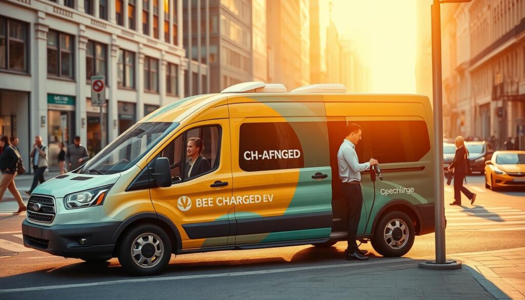 A sleek, modern electric vehicle charging station set against a backdrop of a bustling city street. In the foreground, a BEE CHARGED EV MOBILE CHARGING service van is prominently displayed, its vibrant branding catching the eye. The van's operator is shown carefully connecting the charging cable to a customer's car, emphasizing the convenience and accessibility of the on-demand service. The middle ground features pedestrians and other vehicles, conveying a sense of urban energy and the integration of electric mobility within the cityscape. The scene is bathed in warm, golden light, creating a welcoming and professional atmosphere that invites the viewer to consider the ease of scheduling a mobile EV charging service.