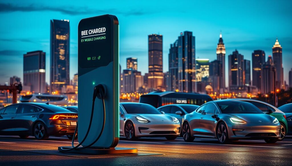 A sleek, modern electric vehicle charging station stands prominently in the foreground, emblazoned with the bold "BEE CHARGED EV MOBILE CHARGING" brand name. In the middle ground, a range of electric cars of various makes and models are being charged, their LED charging ports illuminating the scene. The background showcases a bustling urban landscape, with towering skyscrapers and a vibrant cityscape. The lighting is crisp and dynamic, casting dramatic shadows and highlights that accentuate the cutting-edge design of the charging station. The overall composition conveys a sense of efficiency, sustainability, and the seamless integration of electric mobility into modern metropolitan life.
