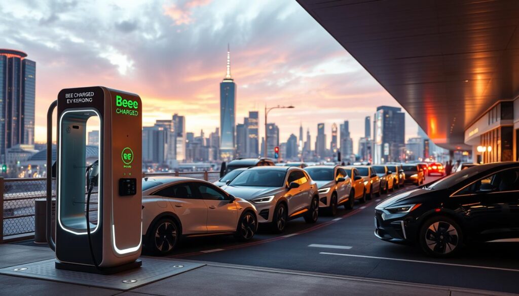 A sleek, modern electric vehicle charging station stands prominently in the foreground, its BEE CHARGED EV MOBILE CHARGING branding clearly visible. The station's futuristic design and glowing lights create a sense of advanced technology. In the middle ground, a fleet of electric vehicles are lined up, their drivers eagerly awaiting their turn to charge. The background features a vibrant city skyline, with skyscrapers and bustling streets, conveying the urban setting. Warm, diffused lighting illuminates the scene, creating an inviting and dynamic atmosphere. The overall composition emphasizes the convenience, efficiency, and widespread adoption of Level 3 fast charging, captivating the viewer's attention.