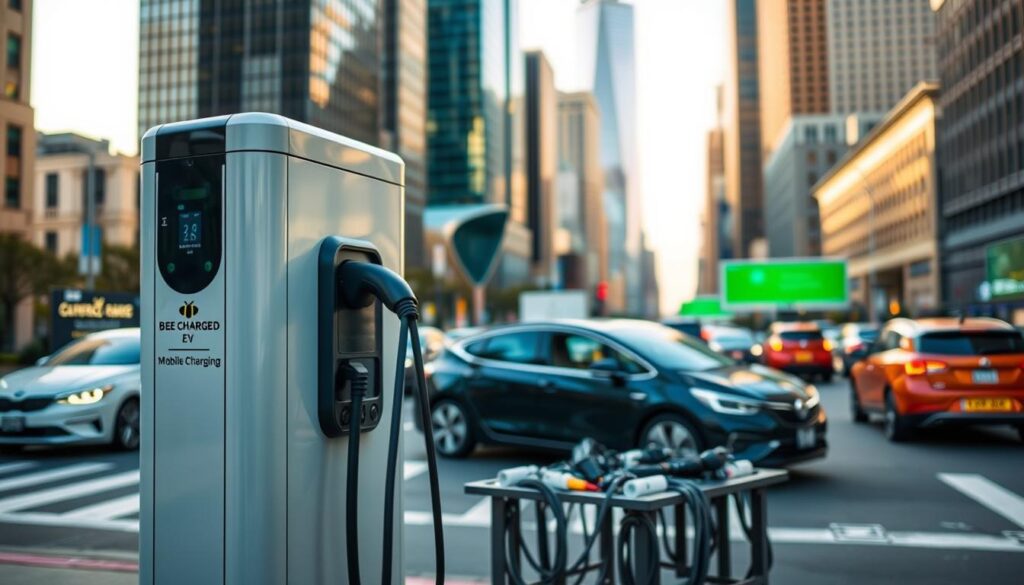 A sleek, modern electric vehicle charging station stands prominently in the foreground, the Bee Charged EV Mobile Charging logo emblazoned on its side. In the middle ground, a variety of charging cables and adapters are neatly organized, ready to accommodate a diverse range of electric vehicles. The background depicts a bustling urban scene, with tall skyscrapers and traffic-filled streets, highlighting the convenience and accessibility of this mobile charging solution in the heart of the city. The scene is bathed in a warm, inviting light, conveying a sense of efficiency and reliability for EV owners in need of a quick recharge on the go.