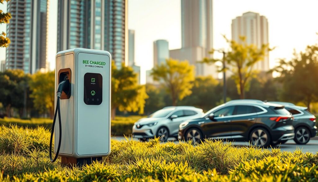 A sleek, modern electric vehicle charging station, with the "BEE CHARGED EV MOBILE CHARGING" brand prominently displayed. The station is situated in a lush, verdant urban setting, with towering skyscrapers in the background. The foreground features a clean, minimalist design with a charging port accessible from both sides, allowing for efficient and convenient charging. The middle ground showcases a group of EVs parked nearby, highlighting the seamless integration of the mobile charging solution. Warm, natural lighting bathes the scene, conveying a sense of eco-friendliness and sustainability. The overall composition emphasizes the cost-effective and environmentally friendly nature of this mobile EV charging solution, perfectly capturing the essence of the "Cost-Effectiveness and Environmental Benefits" section.