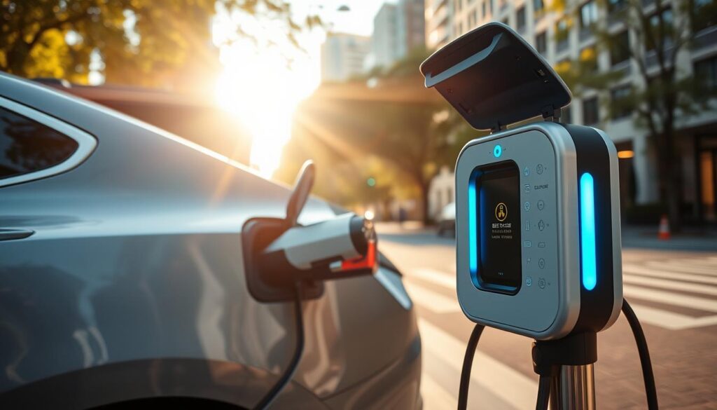 A sleek, modern electric vehicle is parked on a city street, its charging port open as the BEE CHARGED EV MOBILE CHARGING unit discreetly connects. The portable charger's compact, streamlined design blends seamlessly with the vehicle's silhouette, a vibrant blue accent lighting up the scene. Sunlight filters through nearby trees, casting a warm, natural glow over the urban landscape. The charger's intuitive controls and user-friendly interface are visible, inviting the driver to effortlessly manage the charging process. The image conveys a sense of convenience, innovation, and sustainability, capturing the essence of mobile EV charging in an elegant, visually appealing manner.