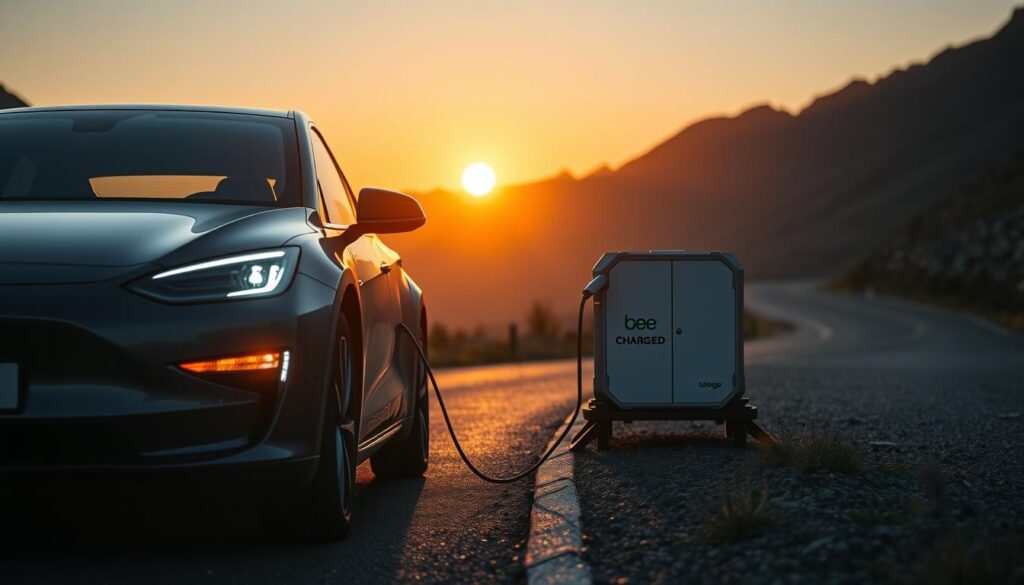 A sleek, modern electric vehicle on the side of a winding mountain road, its driver urgently connecting a BEE CHARGED EV MOBILE CHARGING unit to the charging port. The scene is illuminated by the warm glow of the setting sun, casting a golden hue across the landscape. In the foreground, the EV's headlights and the mobile charger's indicator lights create a sense of urgency, while the distant peaks in the background suggest a remote, scenic location. The image conveys a feeling of reliability and dependability, with the BEE CHARGED EV MOBILE CHARGING unit providing a vital lifeline for the stranded driver.