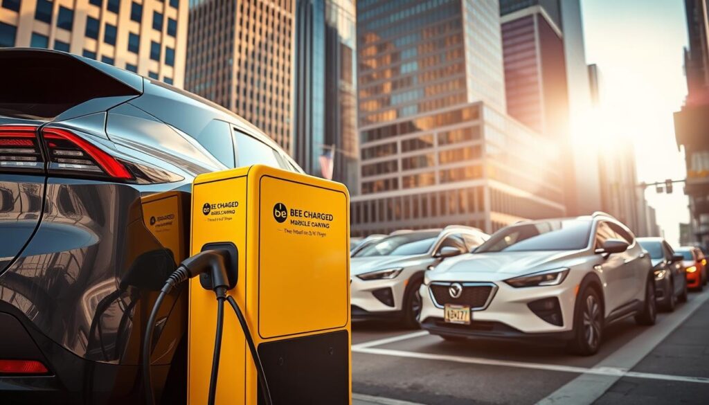 A sleek, modern electric vehicle parked on a bustling city street, its charging port connected to a compact, modular mobile charging station labeled "BEE CHARGED EV MOBILE CHARGING". The station's bright yellow and black color scheme commands attention, contrasting with the surrounding urban landscape. Sunlight filters through the towering skyscrapers, casting dynamic shadows and creating a vibrant, energetic atmosphere. In the background, other EVs are lined up, their drivers eagerly awaiting their turn to charge. The scene conveys a sense of convenience, innovation, and the growing demand for on-demand, accessible EV charging solutions in the heart of Los Angeles.