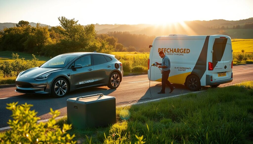 A sleek, modern electric vehicle parked on a scenic countryside road, with a BEE CHARGED EV MOBILE CHARGING service van nearby. The sun casts a warm glow, illuminating the process as a technician skillfully connects the charging cable to the vehicle, ready to provide emergency power to the stranded EV. The foreground features the intricate charging equipment, while the middle ground showcases the serene natural setting. In the background, lush green foliage and a picturesque landscape create a calming atmosphere. The overall scene conveys the efficient and reliable nature of the emergency EV charging service.