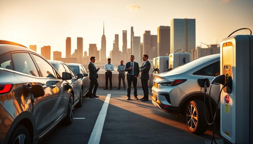 A sleek, modern fleet of electric vehicles charging at a state-of-the-art BEE CHARGED EV MOBILE CHARGING station. The scene is bathed in warm, golden light, creating a sense of efficiency and technology. In the foreground, a group of corporate executives are discussing the benefits of the mobile charging solution, gesturing towards the vehicles as they charge. In the middle ground, a team of technicians expertly maintain the charging equipment, ensuring maximum uptime. The background features a skyline of towering skyscrapers, hinting at the urban setting and the growing demand for such innovative charging solutions. The overall atmosphere conveys a sense of progress, sustainability, and the future of electric mobility.