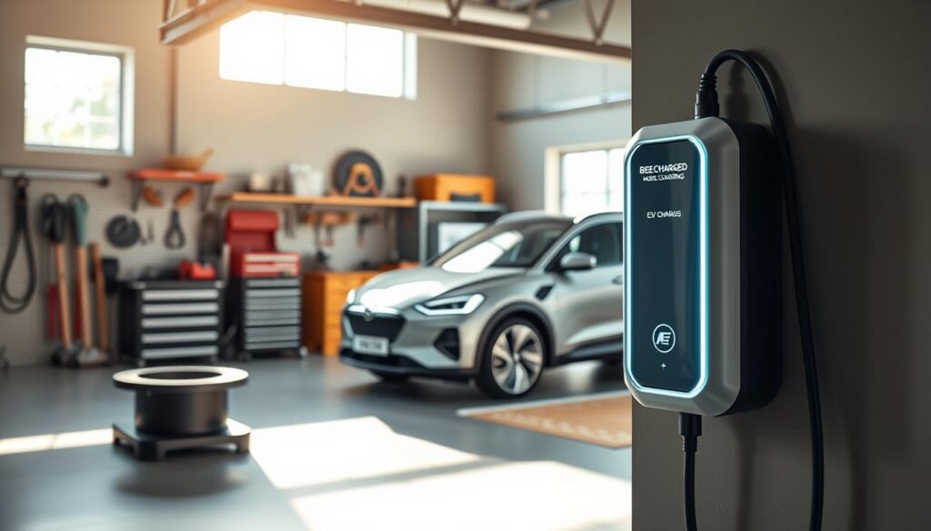 A sleek, modern garage featuring an advanced home EV charging installation. In the foreground, a high-tech wall-mounted charger branded "BEE CHARGED EV MOBILE CHARGING" is visible, illuminated by soft LED lights, emphasizing its state-of-the-art design. In the middle, a stylish electric vehicle is parked, its charging port connected to the charger, showcasing the convenience of home charging. The background includes well-organized tools and storage, hinting at a tidy, efficient space. Natural light filters through a window, creating a warm and inviting atmosphere. The overall mood is one of innovation and comfort, appealing to those considering home charging solutions for their electric vehicles.