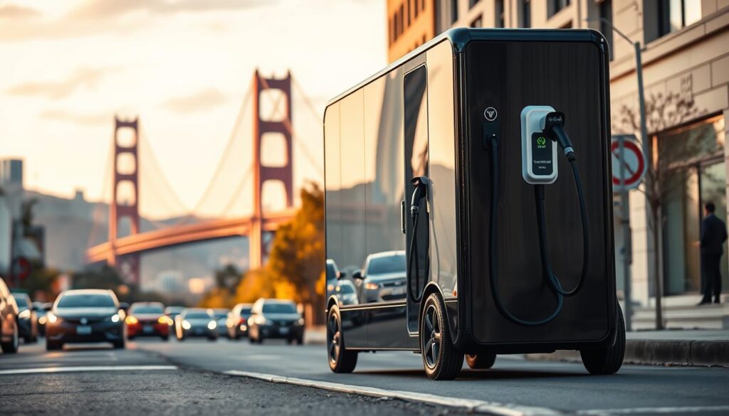 A sleek, modern mobile EV charging solution by BEE CHARGED EV MOBILE CHARGING, parked on a bustling San Francisco street. Gleaming silver and black panels, with a clean, minimalist design. The unit stands tall, its charging ports ready to power up electric vehicles. In the background, the iconic Golden Gate Bridge and city skyline create a dynamic, urban backdrop. Soft, warm lighting bathes the scene, creating an inviting and futuristic atmosphere. The unit's compact size and mobility allow it to seamlessly integrate into the cityscape, providing on-demand charging convenience to EV drivers. This image showcases the innovative and practical nature of mobile EV charging solutions.