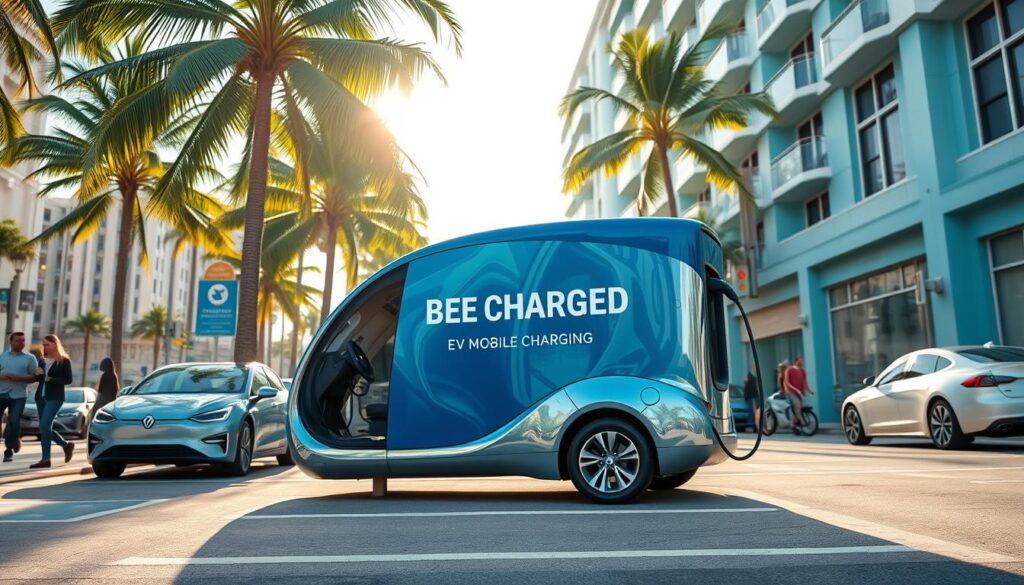 A sleek, modern mobile EV charging station parked on a bustling Miami street, its "BEE CHARGED EV MOBILE CHARGING" branding prominent. The station's futuristic design, in vibrant electric blue and chrome, stands out against the palm trees and pastel-colored buildings in the background. Sunlight filters through the palm fronds, casting a warm glow over the scene. Pedestrians and other electric vehicles populate the lively urban setting, creating a sense of energy and demand for this convenient on-demand charging service. The composition emphasizes the station's integration with the city's electric mobility ecosystem, positioning it as an essential component of the modern, sustainable Miami lifestyle.