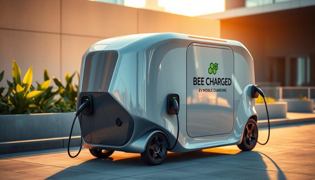 A sleek, modern mobile EV charging station prominently displays the "BEE CHARGED EV MOBILE CHARGING" branding. The device features a streamlined, futuristic design with smooth curves and a glossy, metallic finish that catches the light. Several charging ports are visible, ready to service multiple EVs simultaneously. The station is set against a minimalist, urban backdrop with hints of green foliage and modern architecture in the distance, conveying a sense of eco-friendly technology seamlessly integrated into the modern cityscape. Warm, directional lighting illuminates the scene, casting dramatic shadows and highlighting the station's sleek, high-tech aesthetic.