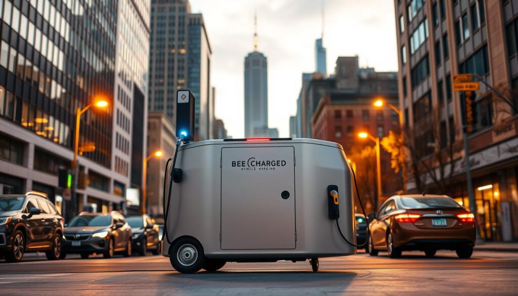 A sleek, modern mobile EV charging station, the "BEE CHARGED EV MOBILE CHARGING" unit, stands prominently in the center of the frame. Vibrant, LED-lit charging ports protrude from its streamlined, silver chassis, beckoning drivers to power up. The station is positioned against a backdrop of a bustling urban street, with towering skyscrapers and a hint of the Bronx skyline visible in the distance. Warm, golden lighting illuminates the scene, creating a welcoming and reassuring atmosphere. The overall composition conveys a sense of efficiency, innovation, and a commitment to providing reliable, accessible charging solutions for electric vehicle owners in the Bronx community.