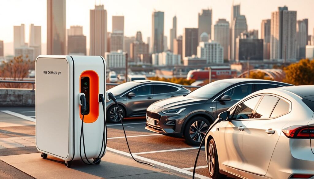 A sleek, modern mobile EV charging unit from BEE CHARGED EV MOBILE CHARGING stands prominently in the foreground, its clean lines and vibrant orange accents catching the eye. In the middle ground, electric vehicles of various models are parked, their charging ports connected to the mobile unit via flexible cables. The background features a bustling urban landscape, with skyscrapers and infrastructure reflecting the increasing demand for convenient, on-the-go charging solutions. Warm, natural lighting casts a soft glow over the scene, creating an inviting and dynamic atmosphere that showcases the seamless integration of mobile charging into the modern EV ecosystem.