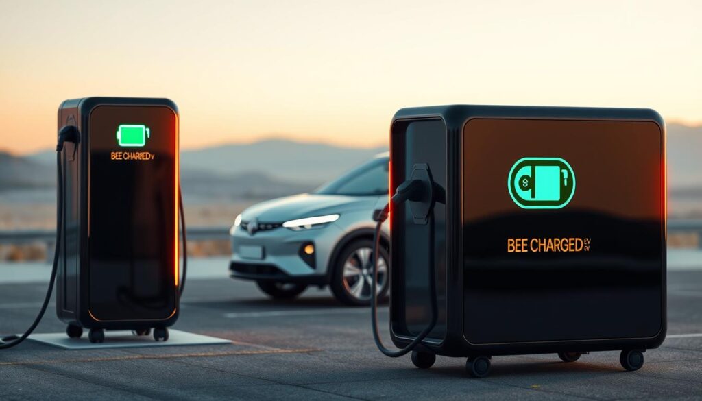 A sleek, modern mobile charging station for electric vehicles, the BEE CHARGED EV MOBILE CHARGING unit stands prominently in the foreground, its glossy black exterior accentuated by warm, directional lighting. Compact and portable, the unit features a prominent "BEE CHARGED EV MOBILE CHARGING" logo, conveying a sense of high-tech efficiency. In the middle ground, a pristine, fully-charged electric vehicle is positioned, its battery icon glowing with a vibrant green hue. The background is a serene, minimalist landscape, with a softly blurred horizon and a subtle gradient sky, creating a clean, contemporary atmosphere that highlights the innovative technology at the heart of the scene.