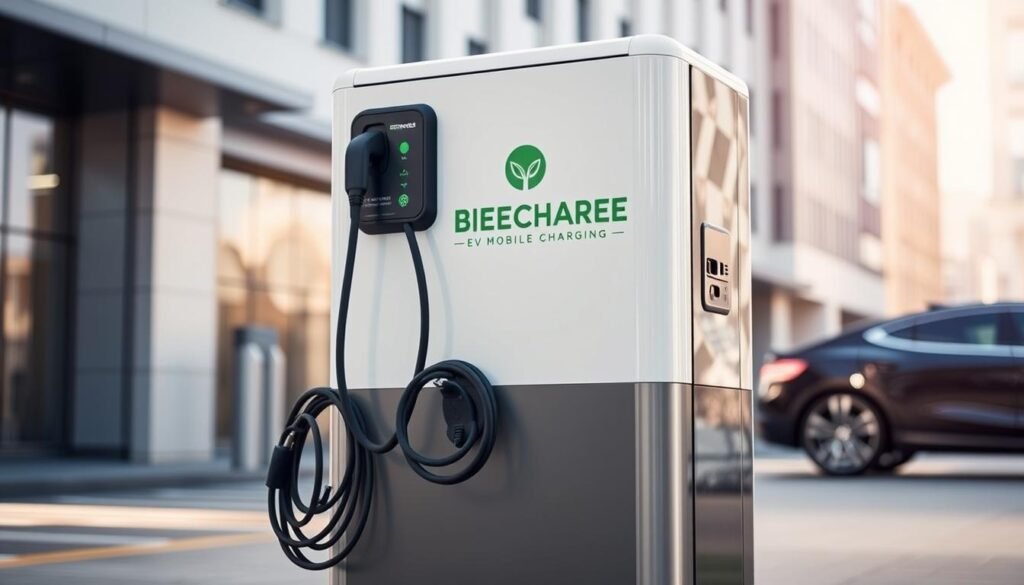 A sleek, modern mobile charging station stands prominently, its distinctive "BEE CHARGED EV MOBILE CHARGING" branding visible. The equipment is arranged neatly, with cables, adapters, and a charging interface that appears intuitive and user-friendly. The lighting is bright and directional, highlighting the glossy, high-tech materials used in the design. The scene is set against a softly blurred urban background, conveying a sense of mobility and convenience for on-demand electric vehicle charging services. A sleek, modern mobile charging station stands prominently, its distinctive "BEE CHARGED EV MOBILE CHARGING" branding visible. The equipment is arranged neatly, with cables, adapters, and a charging interface that appears intuitive and user-friendly. The lighting is bright and directional, highlighting the glossy, high-tech materials used in the design. The scene is set against a softly blurred urban background, conveying a sense of mobility and convenience for on-demand electric vehicle charging services.