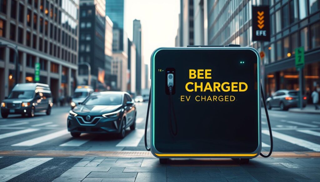 A sleek, modern mobile electric vehicle (EV) charging station stands prominently in the foreground, its streamlined design and vibrant "BEE CHARGED EV MOBILE CHARGING" branding catching the eye. The station is positioned against a backdrop of a bustling city street, with skyscrapers and traffic in the distance, conveying a sense of urban mobility and innovation. The lighting is crisp and directional, casting dramatic shadows and highlighting the station's clean lines and technological features. The overall mood is one of efficiency, progress, and the future of EV charging solutions, perfectly suited to illustrate the "Mobile EV Charging: A Flexible Solution" section of the article.