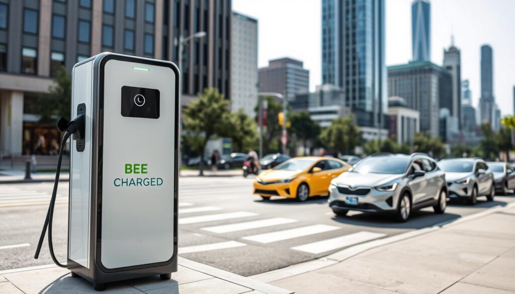 A sleek, modern mobile electric vehicle (EV) charging station stands prominently in the foreground, its minimalist design and vibrant "BEE CHARGED EV MOBILE CHARGING" branding commanding attention. The station's charging port is clearly visible, inviting drivers to connect and power up their EVs. In the middle ground, a city street scene unfolds, with a mix of traditional and electric vehicles passing by, underscoring the integration of mobile charging solutions into the urban landscape. The background features a cityscape of towering skyscrapers, hinting at the growing demand for convenient, on-the-go charging options in densely populated areas. The lighting is crisp and natural, lending a sense of energy and progress to the scene. The overall composition and attention to detail create a visually compelling representation of the "What is Mobile EV Charging?" concept.