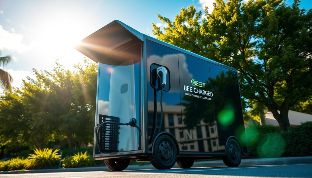 A sleek, modern mobile electric vehicle charging station, the "BEE CHARGED EV MOBILE CHARGING" unit, stands prominently against a backdrop of lush greenery and a vibrant blue sky. The station's flexible design allows it to seamlessly integrate into various urban environments, showcasing the convenience and accessibility of on-the-go charging for EV owners. Sunlight filters through the station's glossy panels, creating a warm, inviting atmosphere that highlights the technology's effortless integration with the natural world. The image conveys a sense of progress and environmental harmony, capturing the essence of the mobile EV charging service's benefits for the community of West Palm Beach, FL.