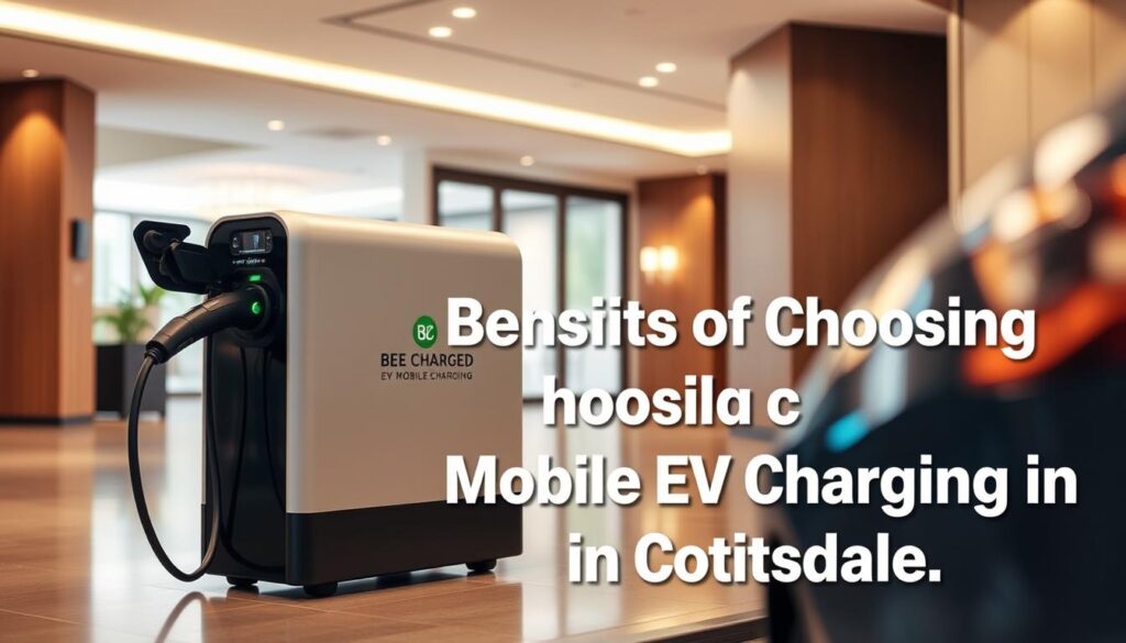 A sleek, modern portable EV charger for business use, featuring the brand name "BEE CHARGED EV MOBILE CHARGING" prominently displayed. The charger is placed in a well-lit, professional setting, perhaps an office lobby or a hotel entrance, with clean lines and high-end materials conveying a sense of reliability and sophistication. The charger is shown in use, with the charging cable connected to an electric vehicle, highlighting its practical purpose and versatility. The overall scene exudes an atmosphere of efficiency, innovation, and the future of sustainable transportation, perfectly suited to illustrate the "Benefits of Choosing Mobile EV Charging in Scottsdale".