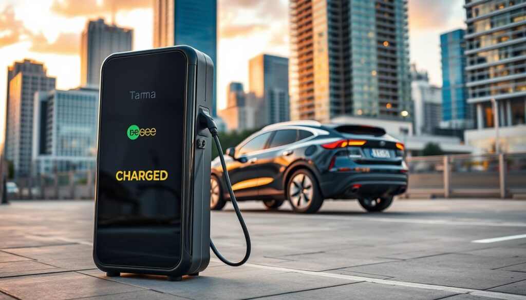A sleek, portable electric vehicle (EV) charging station stands prominently in the foreground, its glossy black exterior and vibrant "BEE CHARGED EV MOBILE CHARGING" branding catching the eye. Positioned at an inviting angle, the charger's clean lines and intuitive interface suggest an effortless charging experience. In the middle ground, a modern, eco-friendly EV is plugged in, its curves and curves reflecting the warm, ambient lighting. The background features a bustling urban setting, with towering skyscrapers and a vibrant city skyline, highlighting the convenience and accessibility of this mobile charging solution in the heart of Tampa, FL.